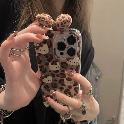 秋冬棕色豹纹蝴蝶结KT猫手机壳