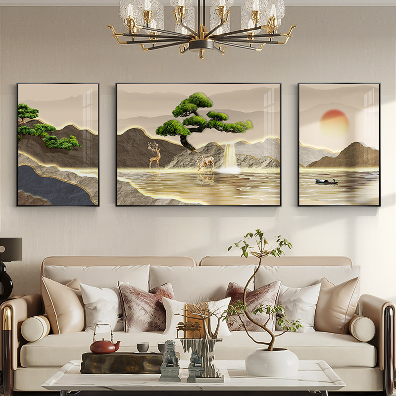 迎客松沙发背景墙装饰画茶室办公室大气挂画新中式山水客厅三联画,家居饰品,现代装饰画,淘宝优惠券,粉丝福利购,淘宝优惠卷