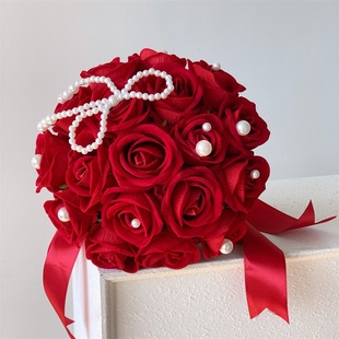 中式婚礼新娘手捧花仿真花婚庆礼服花束女儿成人节领证红色玫瑰花