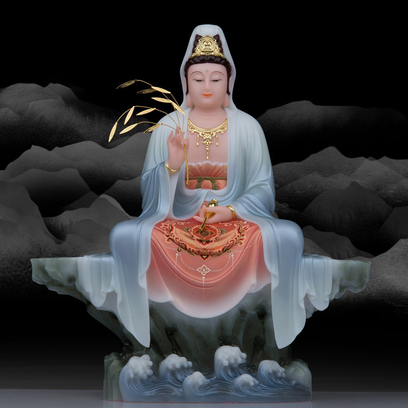 汉白玉坐山观音菩萨柳枝禅意菩萨像观世音娘娘现代居家工艺品摆件