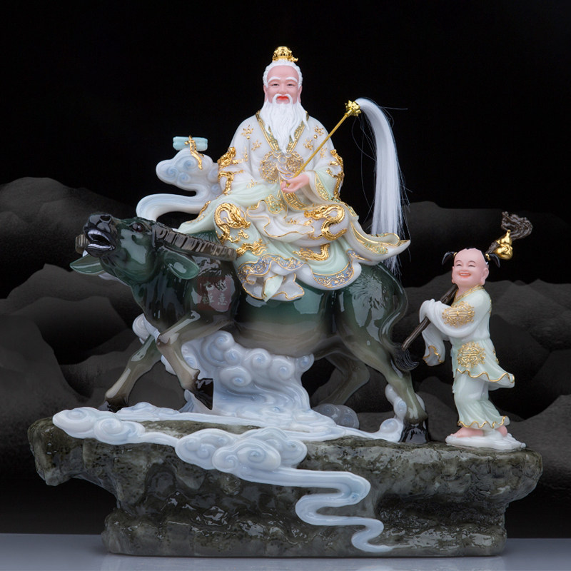 汉白玉太上老君神像骑牛童子道德天尊三清道祖太清家用工艺品摆件