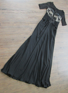 1010a黑色短袖蕾丝外贸长款修身高端雪纺雪纺宴会晚礼服裙聚会