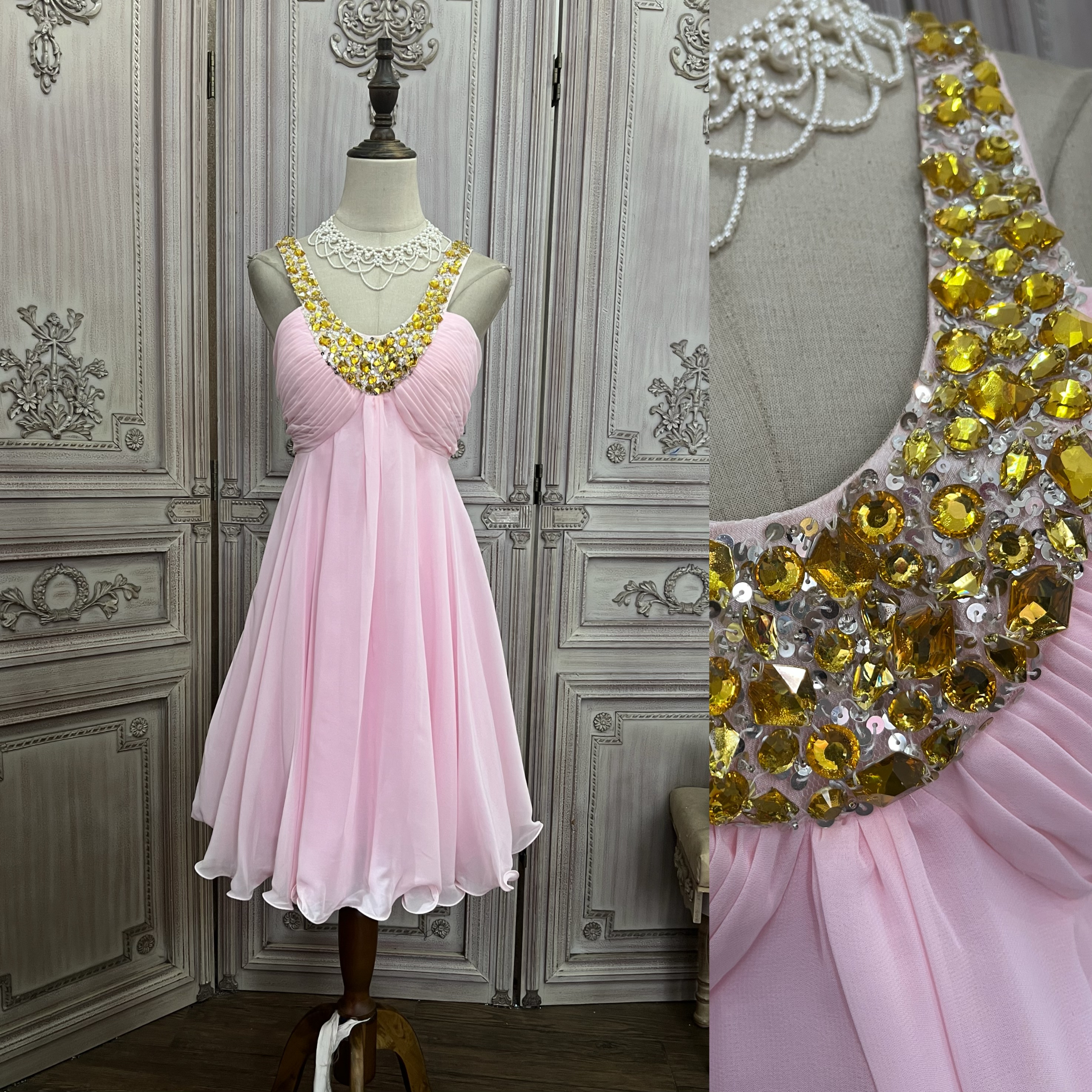 S XL XXL 粉红色短款双肩雪纺钉珠礼服裙 公主风古早礼服,女装/女士精品,礼服/晚装,淘宝优惠券,粉丝福利购,淘宝优惠卷