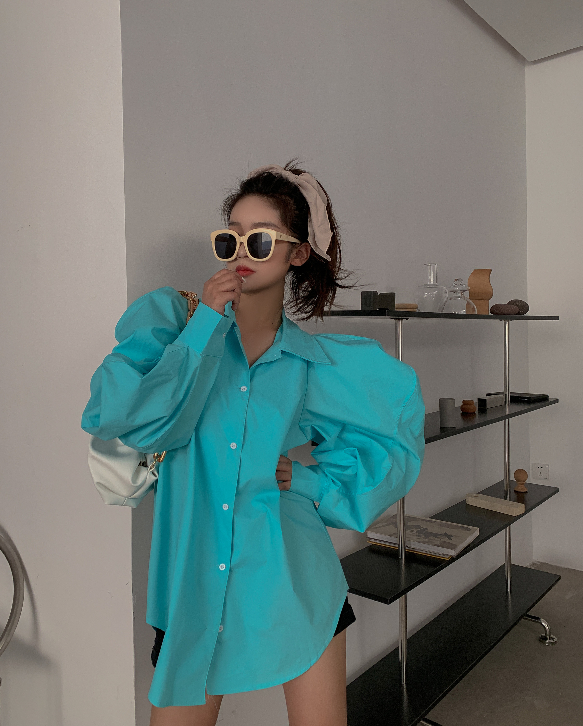 實拍 Tiffany藍泡泡袖中長款下半身失蹤設計感襯衫