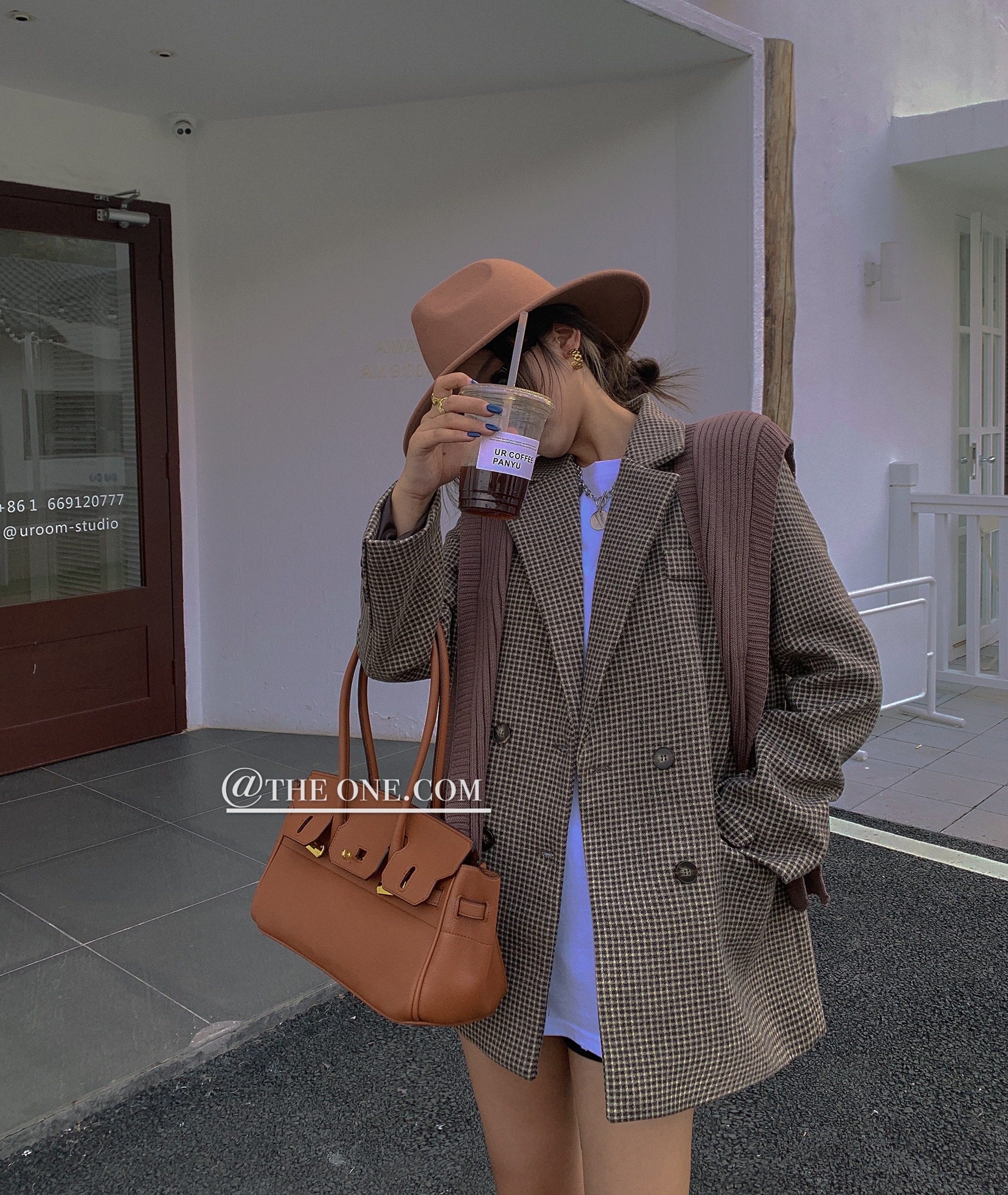 New Retro Plaid double breasted coat + knitted shawl