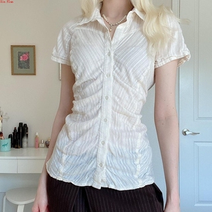 collar 法式 女Polo 气质风polo翻领辣妹短袖 shirt 肌理纹路白衬衫
