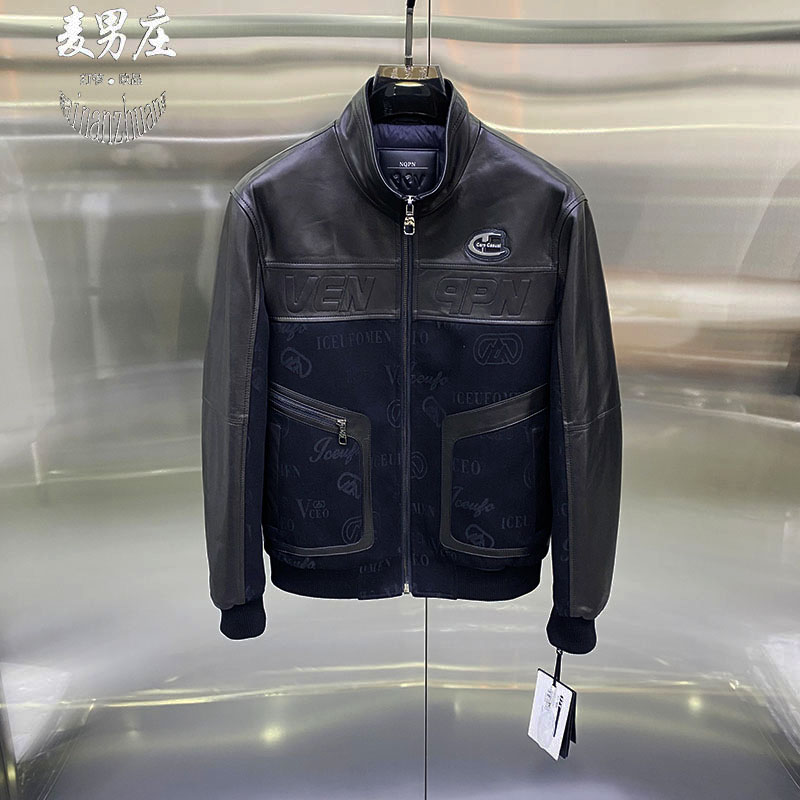 高端欧货男冬季新款25青年时尚个性山羊皮拼接鸭绒羽绒服夹克外套