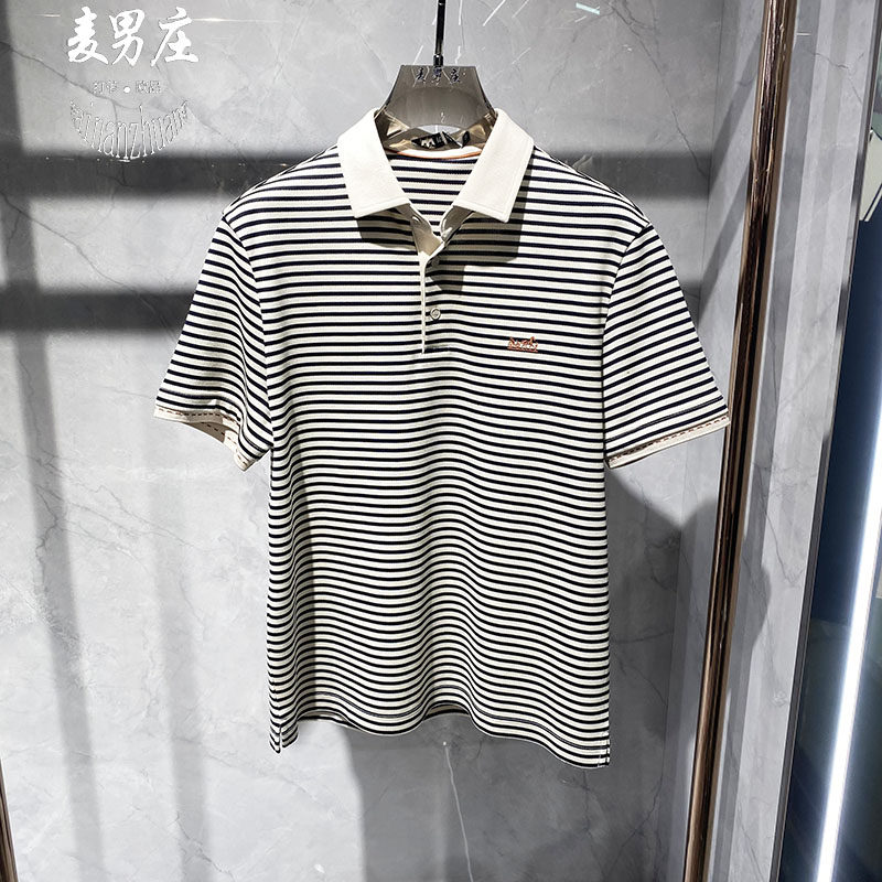 休闲POLO短袖轻奢条纹舒适微弹爆