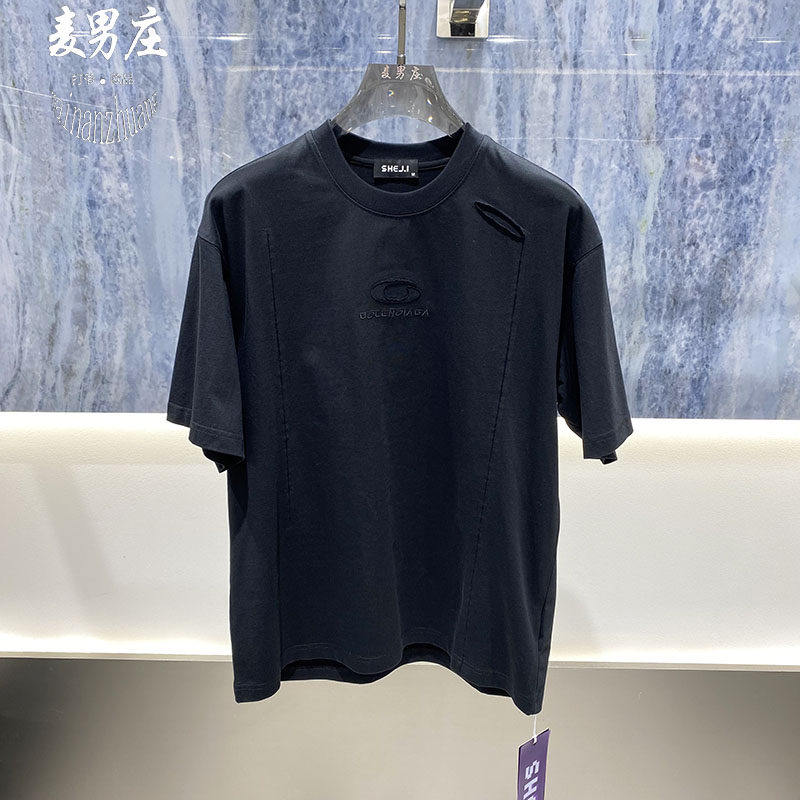 破洞拼接微阔宽松短袖T青年街头