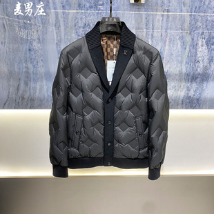 高端欧货男士冬季新款2025暗花白鸭绒羽绒服夹克外套针织大翻领韩