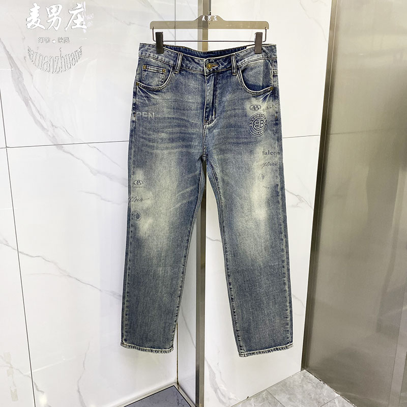 男士春夏修身印花微弹牛仔裤