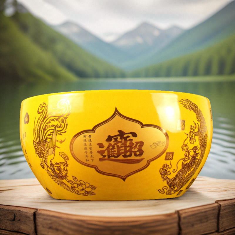 带高档根雕底座景德镇黄色陶瓷聚宝盆花瓶招财聚财客厅生财摆件