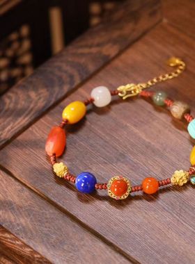 天然南红手链青金石貔貅银镀金镶嵌青金石