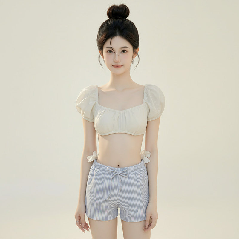 Margery方领泡泡袖蝴蝶结泳衣