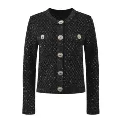 High-End Version Parisian Chic Heavy Sequin Gold Buckle Quilted Knit Cardigan Round Neck Elegant Top