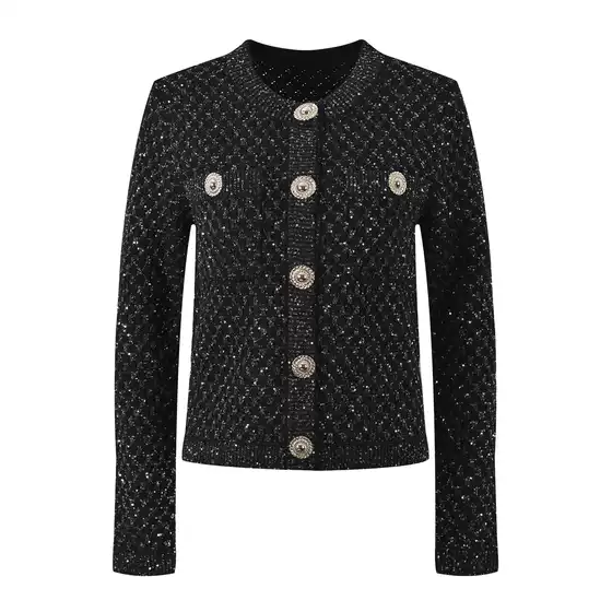 High-End Version Parisian Chic Heavy Sequin Gold Buckle Quilted Knit Cardigan Round Neck Elegant Top