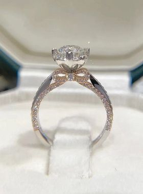 仙女高级感蝴蝶结手捧花分色纯银戒指女莫桑石钻戒一克拉开口婚戒