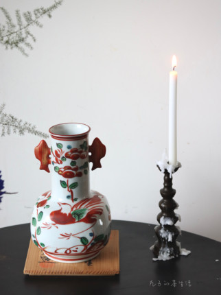 丸子家【年年有鱼】日本古美术藏珍窑赤绘双耳花瓶花起家居摆件