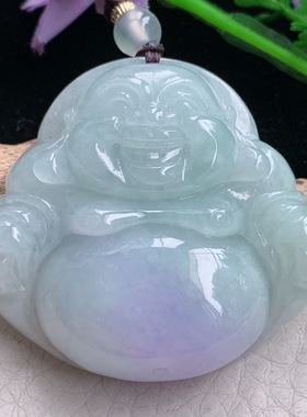 zen实拍41.5*44*12.3缅甸翡翠精美春带彩大佛公 紫弥勒佛玉项坠