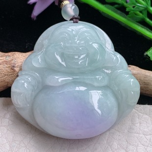 zen实拍41.5*44*12.3缅甸翡翠精美春带彩大佛公 紫弥勒佛玉项坠