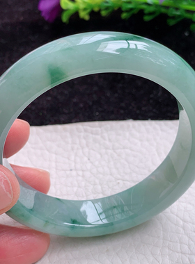 hf实拍53*13*8缅甸翡翠A货冰胶飘花宽边翡翠手镯 玉镯子高档手环