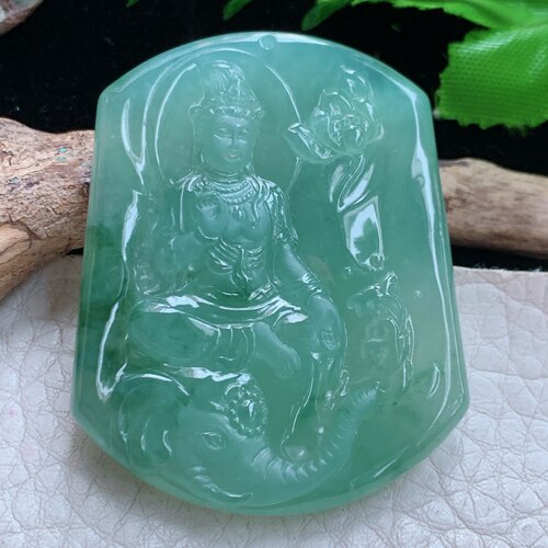 Ktj实拍50*40.2*6天然缅甸翡翠a货冰透普贤观音菩守护神菩萨吊坠