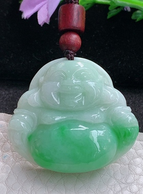 zen实拍35*38*9.5缅甸翡翠精美半山半水飘绿佛公玉项坠 玉挂件