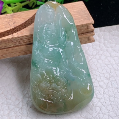 yn实拍54.2*31.2*7.5天然缅甸翡翠a货冰双彩文殊菩萨守护神吊坠