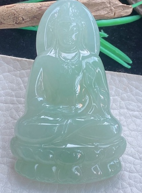 lz实拍缅翡翠冰透浅绿正装观音菩萨玉吊坠厚装观音67.8*42.5*8.8