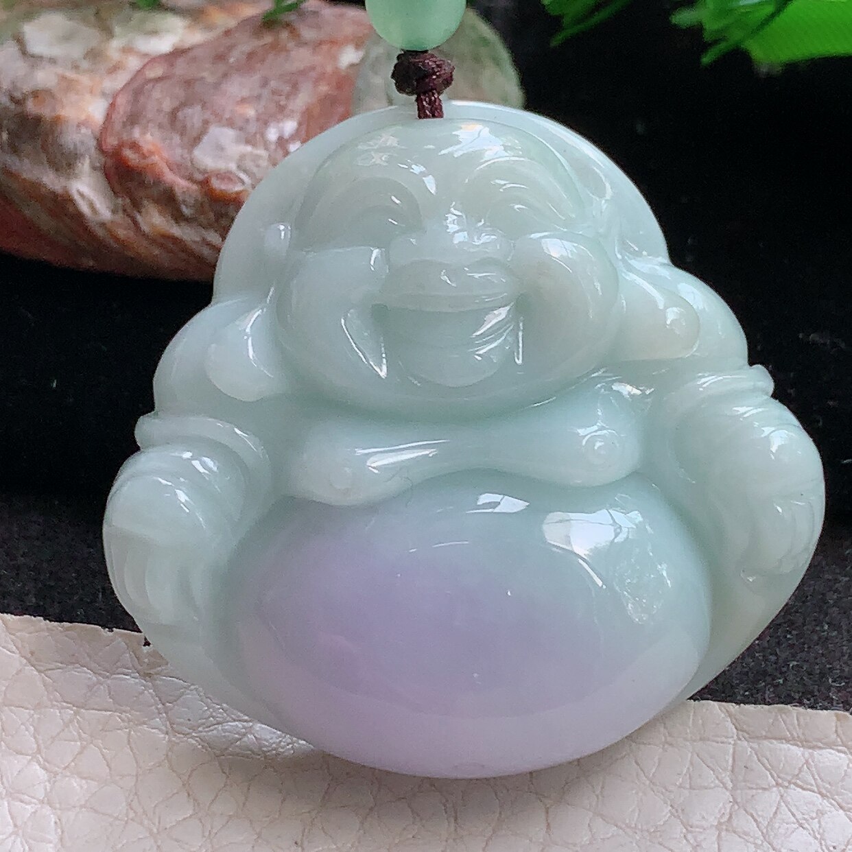 zen实拍42.6*45.5*12.8缅甸翡翠a货精雕飘紫饱满佛公 弥勒佛吊坠