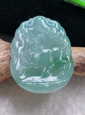 ktj实拍31*23.5*4缅甸翡翠a货精雕冰飘花扭转乾坤 牛肖牛玉吊坠