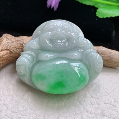 zen实拍39*44.3*12缅甸翡翠胶感飘绿佛公 弥勒佛玉吊坠 玉挂件