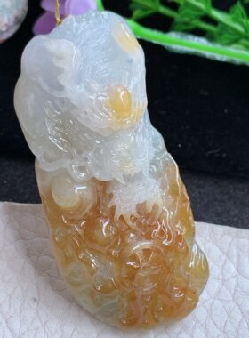 Xj实拍62*27.5*16缅甸翡翠精雕冰黄双彩大龙牌吊坠 飞龙在天玉坠