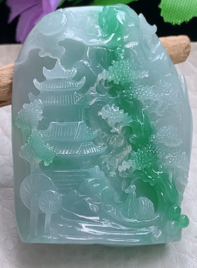 zzx实拍50*38*12缅甸翡翠精雕男女款大好河山 山水牌玉吊坠