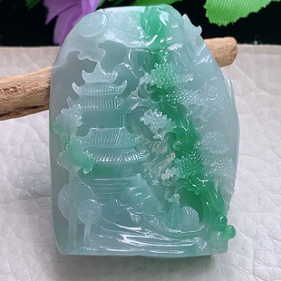 zzx实拍50 12缅甸翡翠精雕男女款 大好河山 山水牌玉吊坠