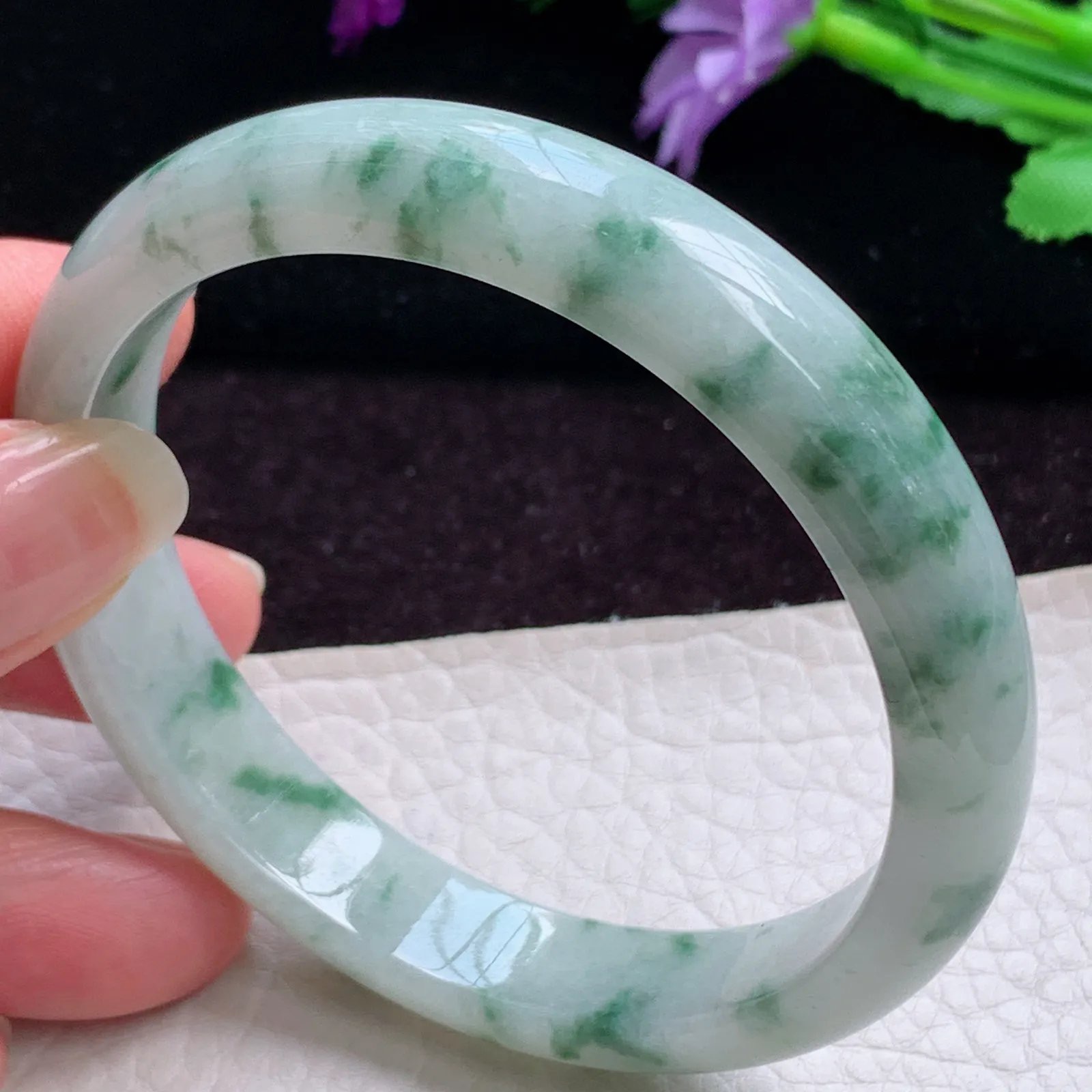 js实拍58*12*7平安镯 天然缅甸翡翠手镯飘花正圈宽边玉镯 玉手环