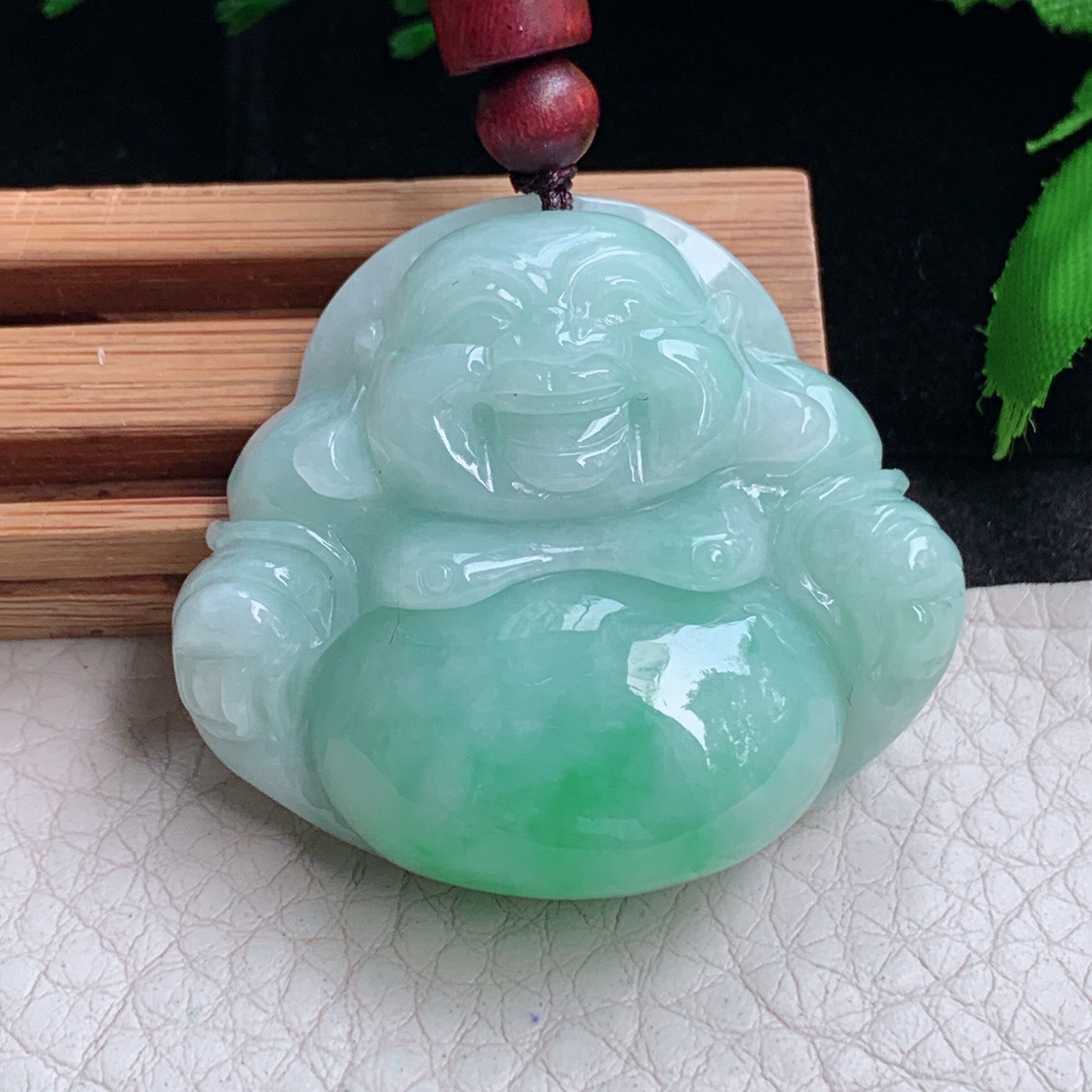 zen实拍36.5*41.3*13.3缅甸翡翠青绿色佛公吊坠开心弥勒佛像项坠