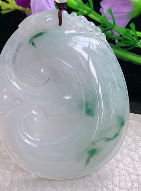 zen自然光56.3*45*6.2天然缅甸翡翠冰飘花大如意 玉如意玉吊坠