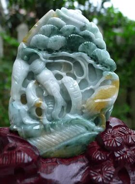 自然光实拍天然翡翠A货三彩精雕松鹤延年书桌摆 鹤骨松姿小摆件