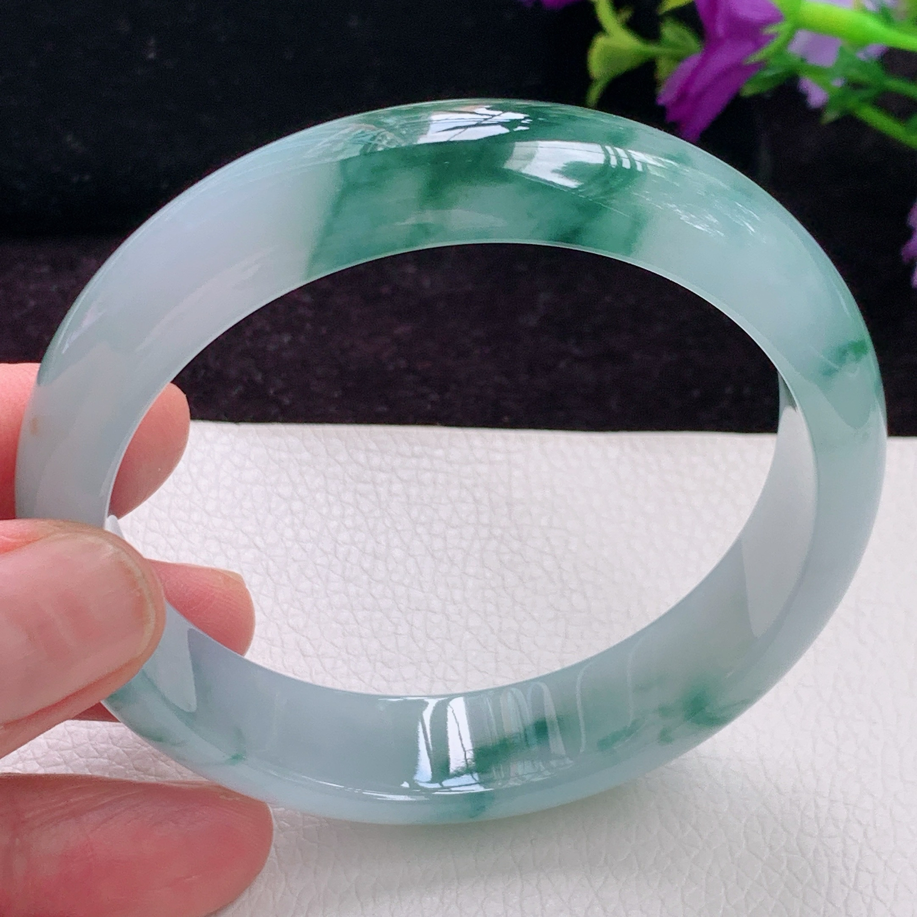 js实拍58*14*7.5平安镯 老坑精美冰透飘花翡翠手镯高贵缅甸玉镯子