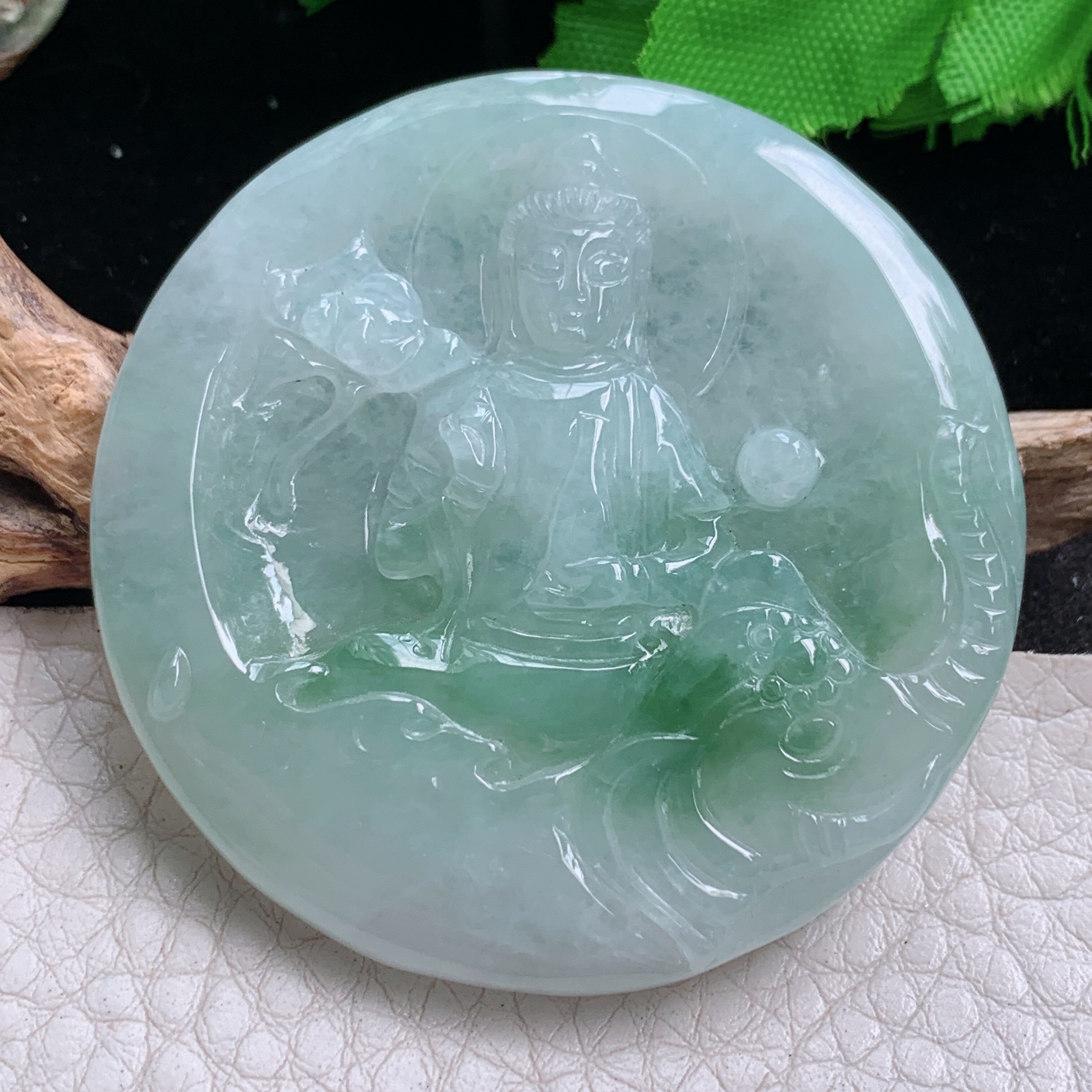 Zen实拍49.3*6.8缅甸翡翠精雕飘花普贤菩萨 生肖守护神玉吊坠