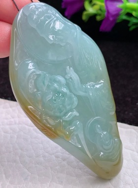 Lz实拍71.5*37.3*11.8双彩翡翠A货精雕冰胶花开见佛玉观音玉吊坠
