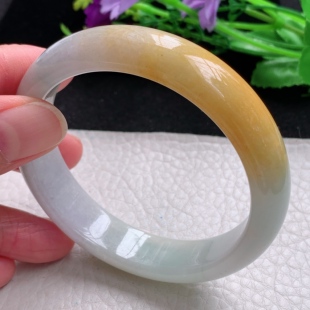 mq自然光58 7.8招财镯缅甸翡翠a货玉手镯黄翡双彩宽边玉手环 14.5