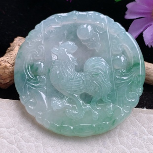 kh实拍53 玉挂件 4.8缅甸翡翠精雕冰飘花金鸡独立 生肖鸡玉吊坠