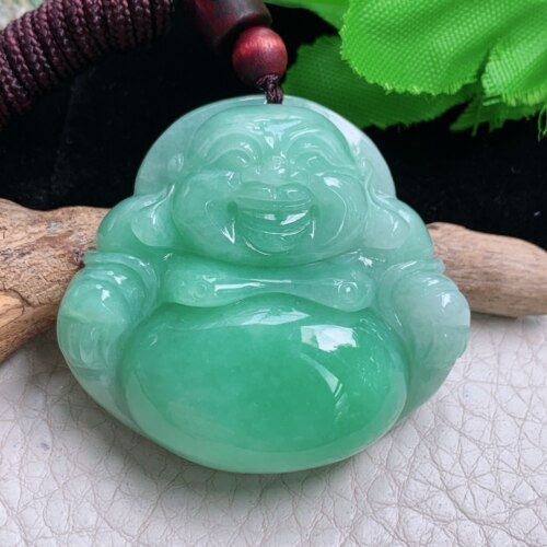 zen实拍42*45*12.5天然缅甸翡翠满色豆绿大佛公吊坠弥勒佛像