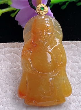 x54自然光43.3*25.5*4.6天然缅甸翡翠冰红翡财神爷吊坠吉祥招财坠