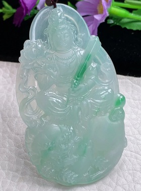 bg实拍68.2*41*5.5缅甸翡翠精雕俏色文殊观音吊坠生肖守护神项坠