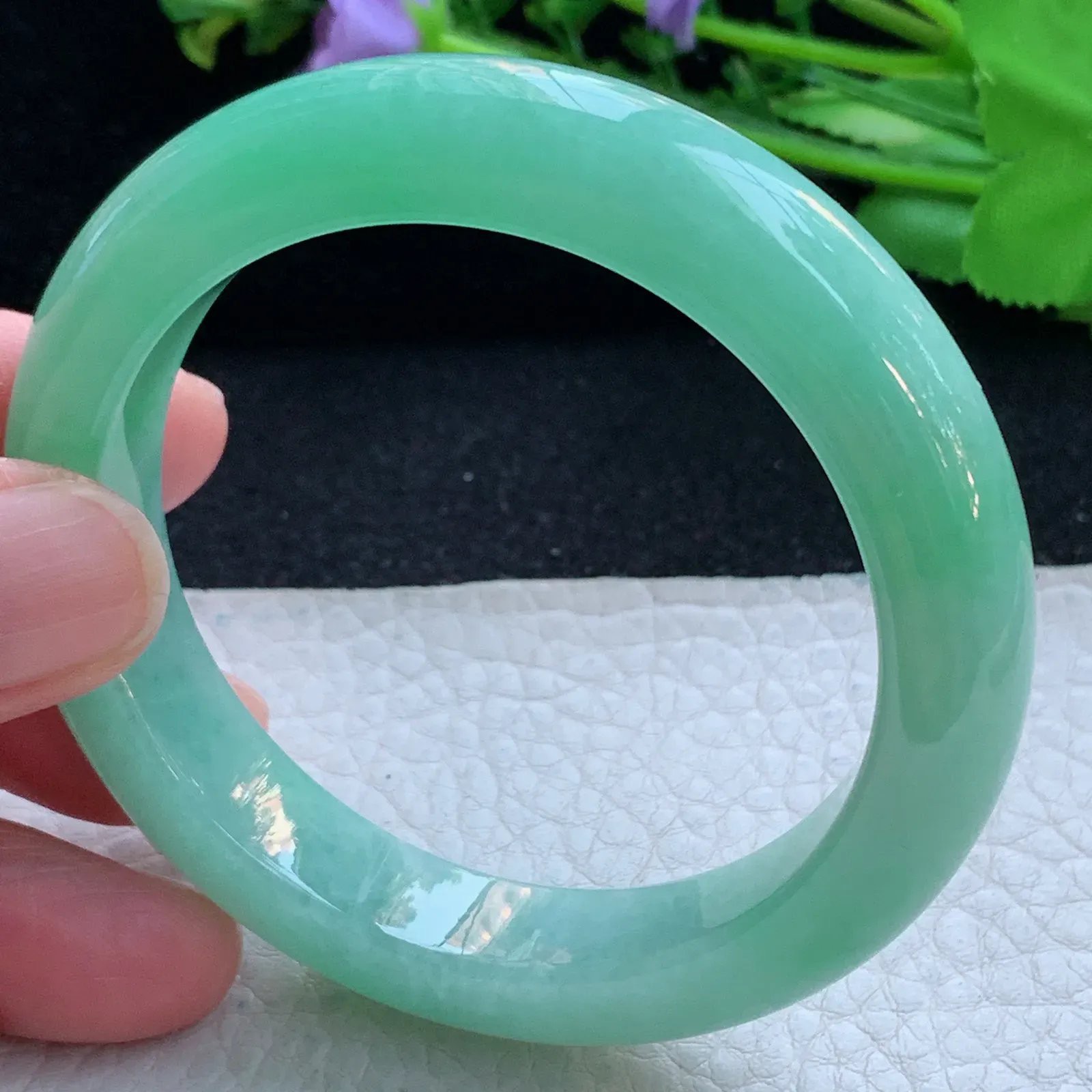 js自然光53.5*12*9.5平安镯 缅甸翡翠a货玉手镯冰阳宽边玉手环