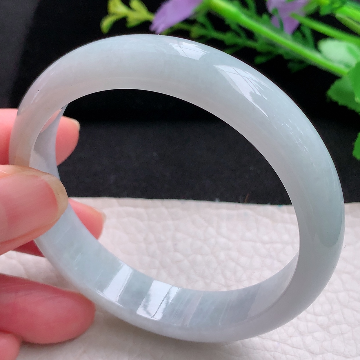 zjf自然光57*13*7平安镯 天然缅甸翡翠清纯正圈珠宝玉手镯