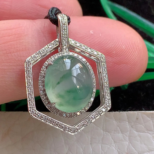 8.1mm ken缅甸翡翠A货冰飘花新款 六六顺蛋面玉吊坠 玉挂件26 17.7